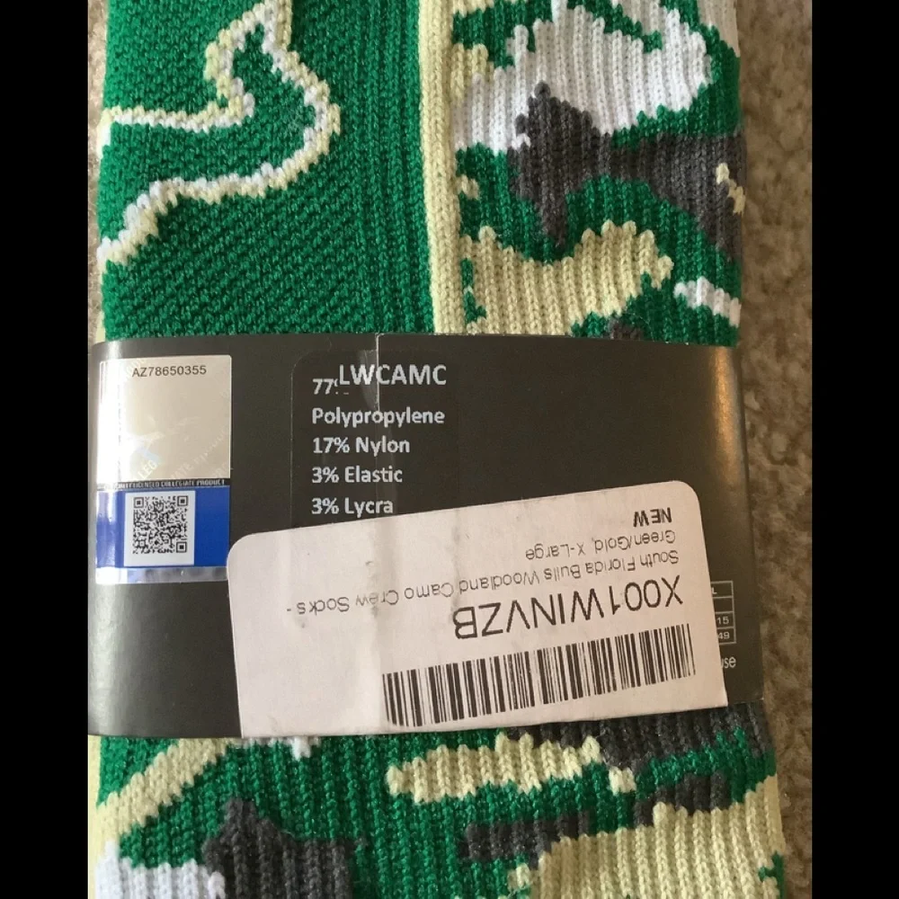 TCK sports Crew Sock NWT South Florida Bulls green camouflage XL pro dri